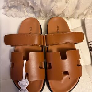 Hermes Women’s Cognac Brown Leather H Slide Sandals